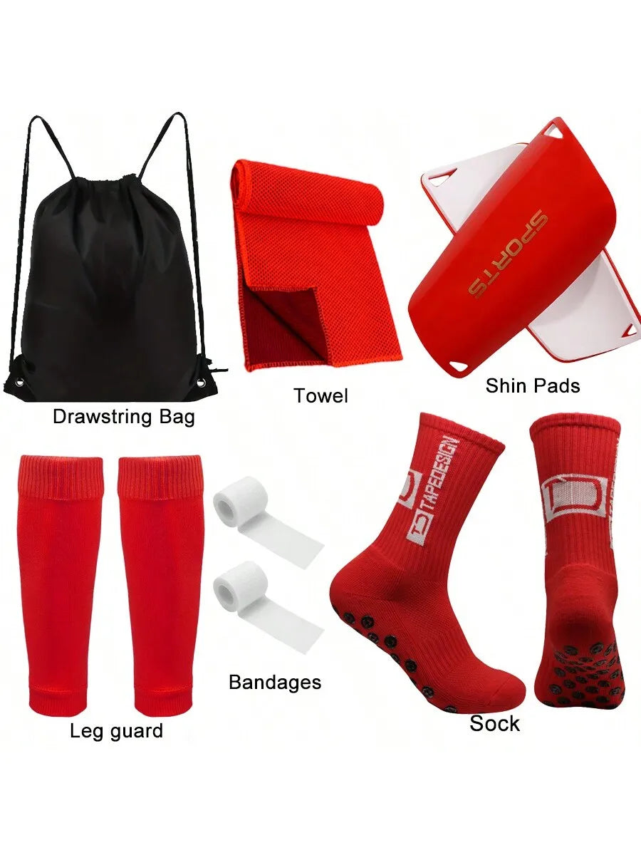 6-piece football equipment combination: football storage bag+sports socks+sock covers+leg guards+sports bandages+cool towels