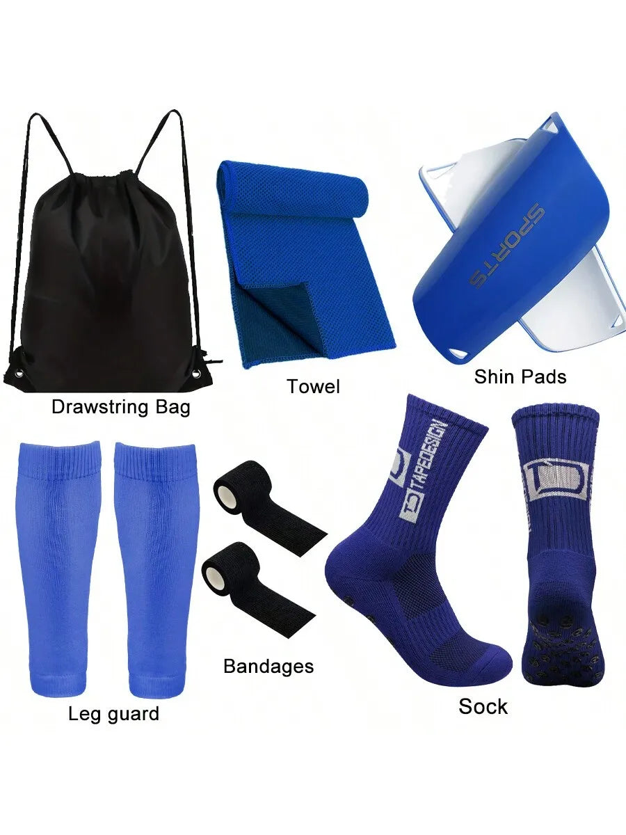 6-piece football equipment combination: football storage bag+sports socks+sock covers+leg guards+sports bandages+cool towels
