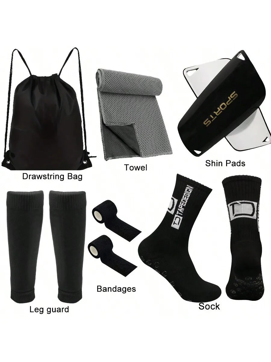 6-piece football equipment combination: football storage bag+sports socks+sock covers+leg guards+sports bandages+cool towels