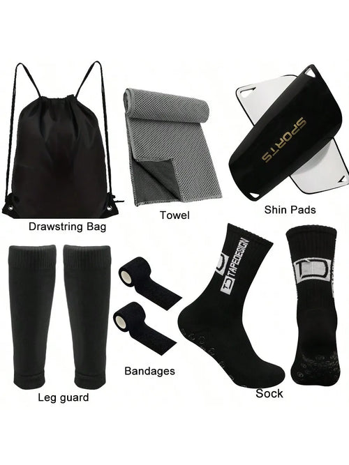 6-piece football equipment combination: football storage bag+sports socks+sock covers+leg guards+sports bandages+cool towels